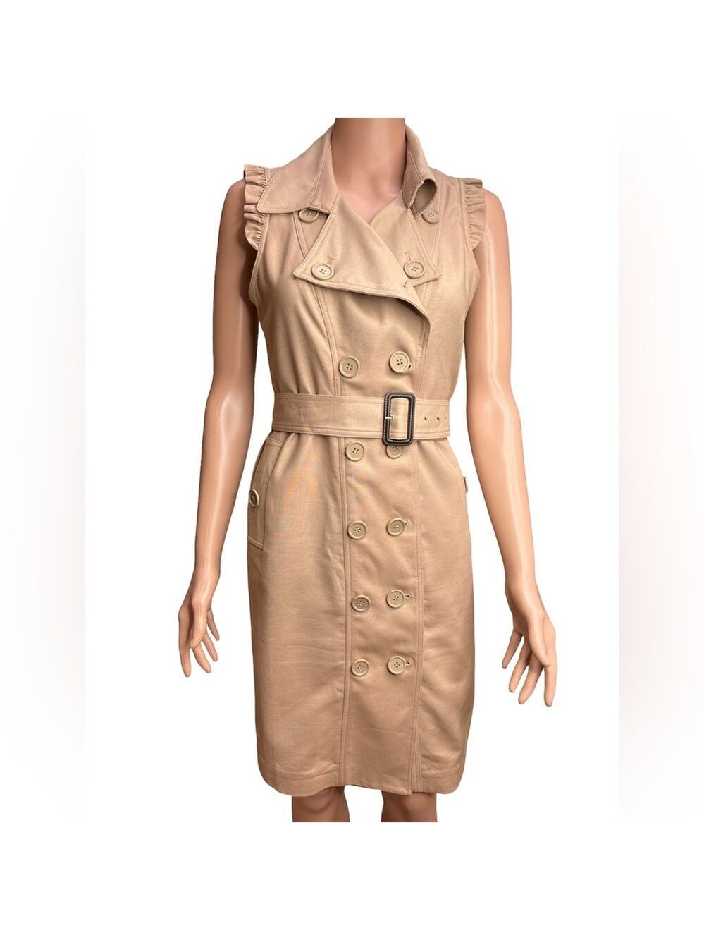 Adrienne Vittadini Beige Sleeveless Double-Breasted Midi Dress Size 4